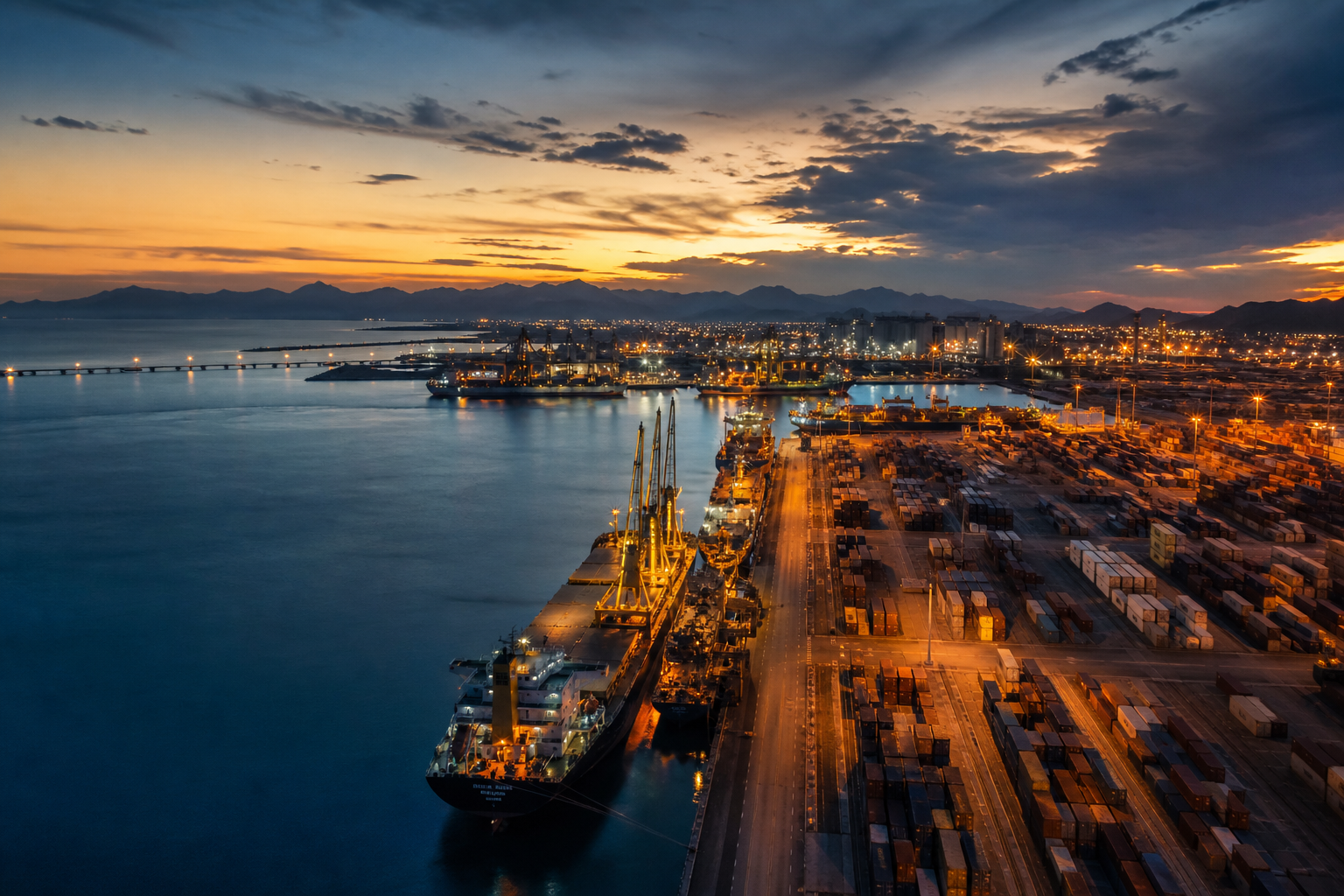 Dusk operations at an Omani commercial harbour